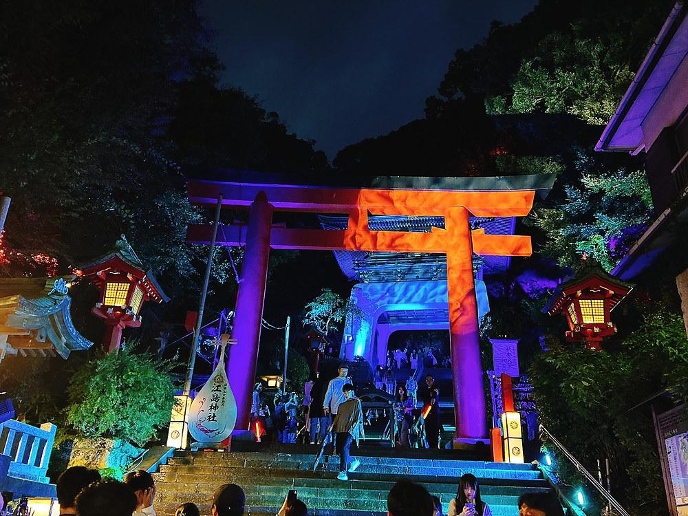 Red torii at Enoshima Shrine lit up in orange and blue at night