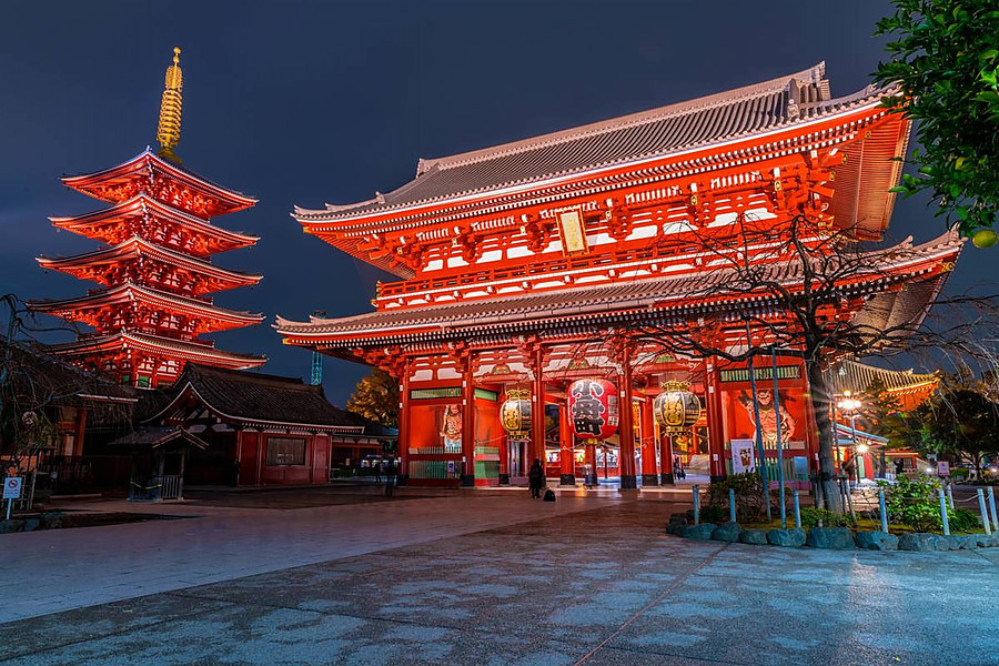 Senso-ji Temple illuminated at night in Asakusa